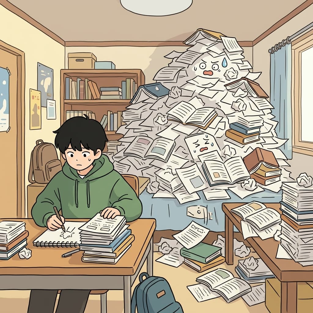 누적된 숙제는 계속 쌓여 결국 책상을 완전히 덮어버렸다. (큐뮬러티브 → “꾸물꾸물 쌓이다 보니 엄청 커진 느낌”)