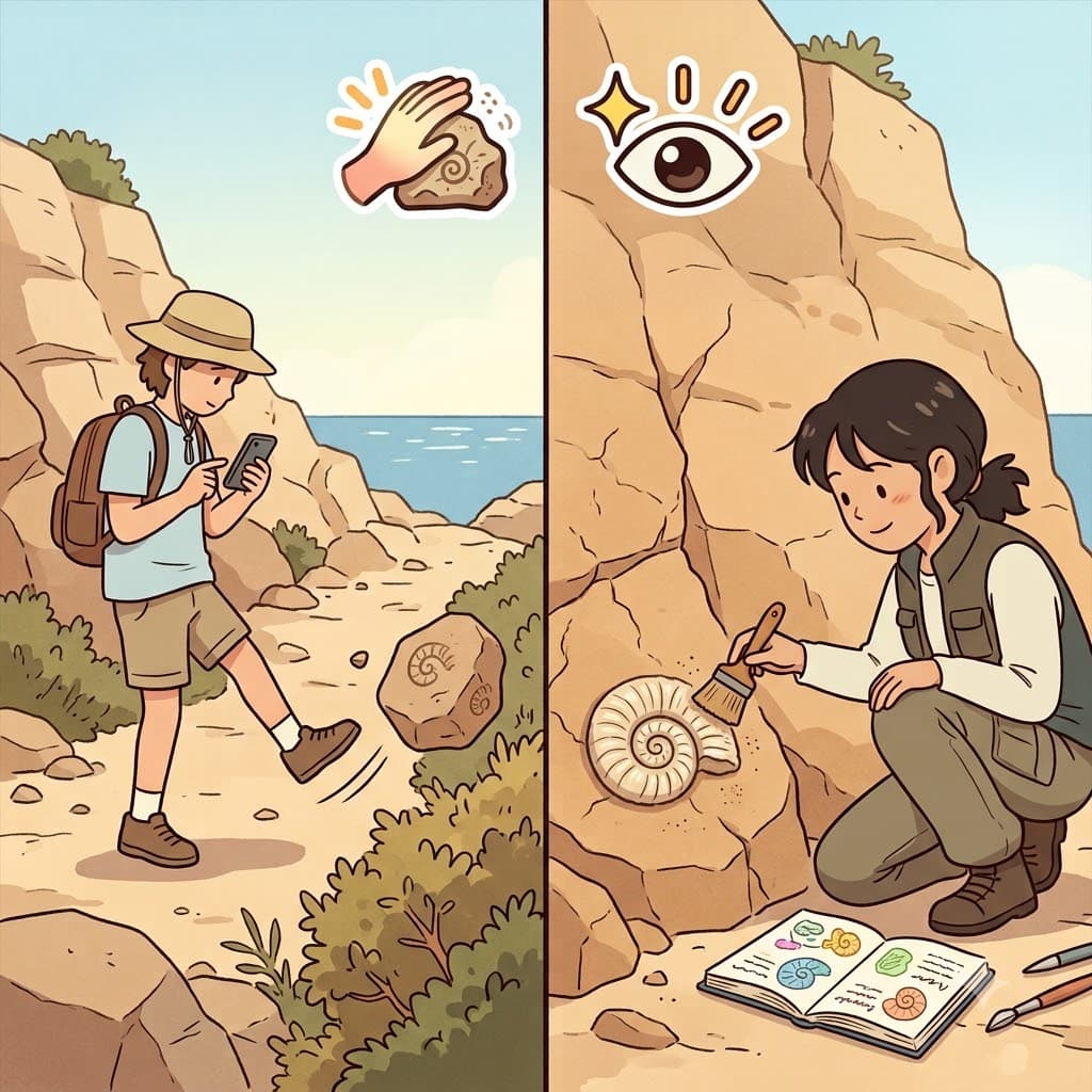 CURI (세심한 관심/돌봄) + OSITY (~한 상태) — 바위 속 기이한 화석 하나하나에 세심한 주의(CURI)를 기울임(OSITY)으로써, 어린 고생물학자는 강한 호기심(curiosity)을 드러냈다.