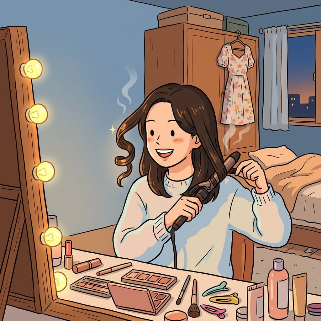 파티 가기 전에 고데기로 머리를 곱슬곱슬하게 말았다.