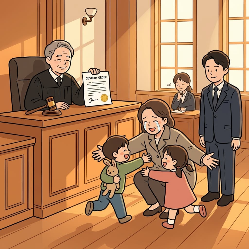 긴 재판 끝에 그녀가 두 아이의 단독 양육권을 받았다.