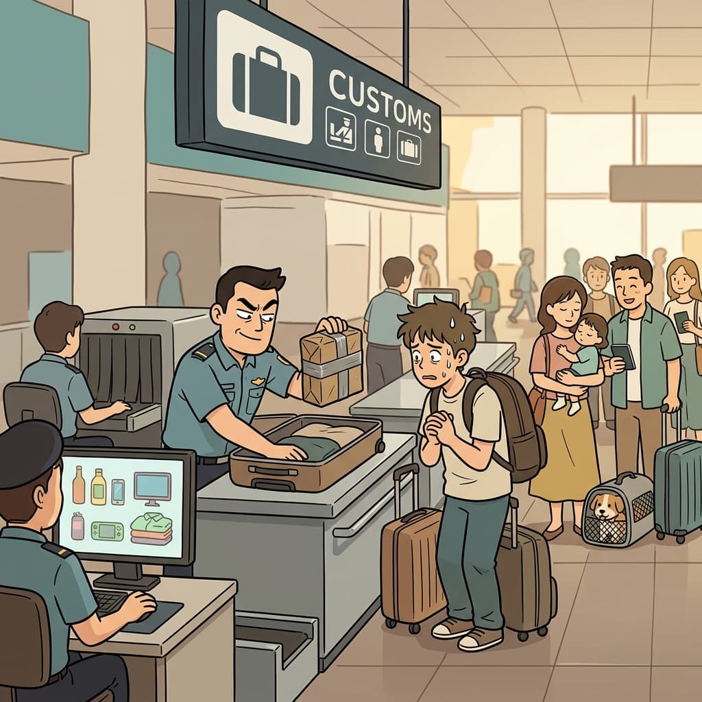 공항 세관에서 직원들이 여행객 가방을 하나하나 확인하고 있다.