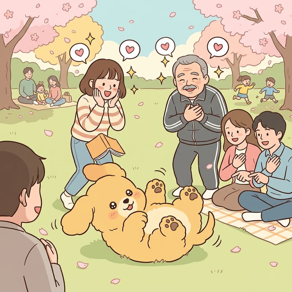 강아지가 너무 귀여워서 공원 사람들이 다 멈춰서 웃었다.