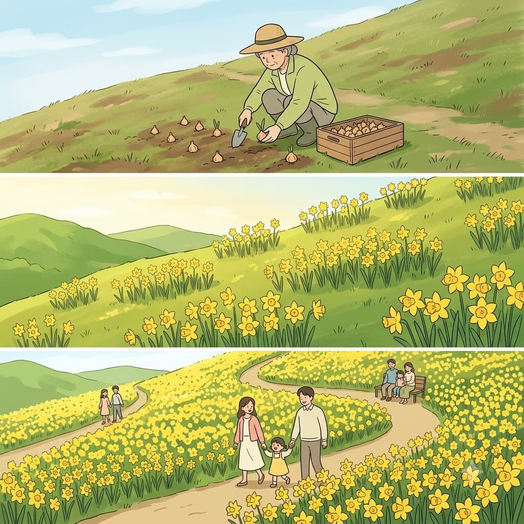 수선화(daffodil)가 가득 핀 언덕(hill)은 봄이 되자 가장 아름다운 풍경이 되었다.