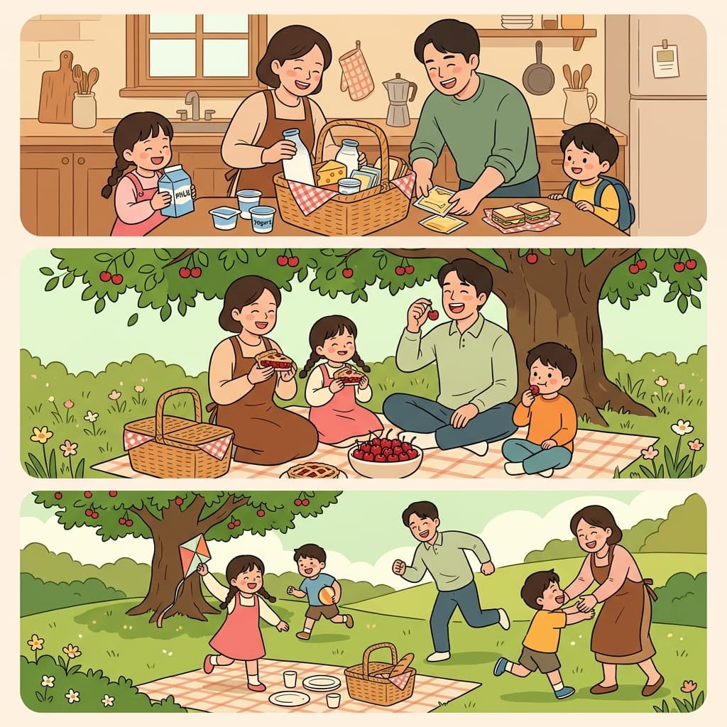 유제품이 가득한 소풍과 체리 디저트 덕분에 모두가 즐거워했다.
