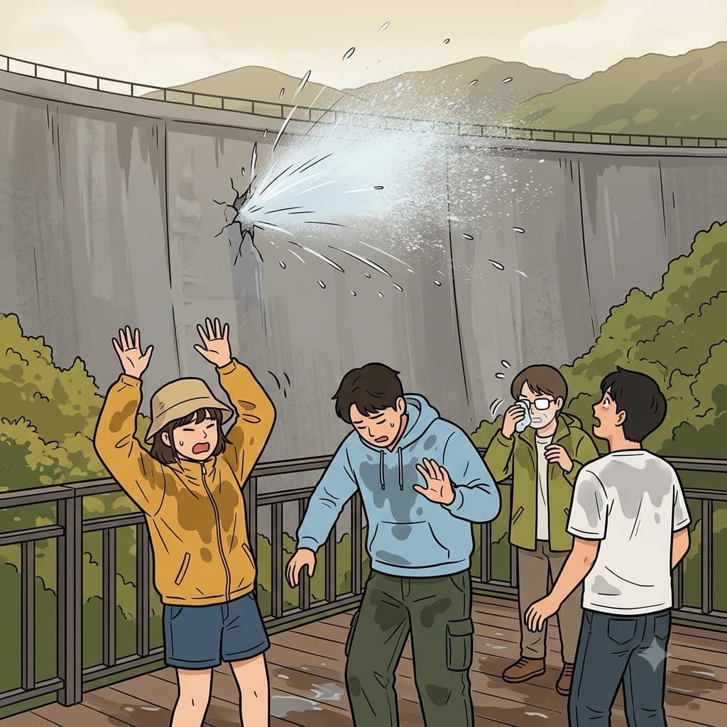 댐이 축축해지면서 펀치의 기세도 꺾어버린다! (거대한 댐(dam) 벽에 금이 가며 물줄기가 펑(pen)!)