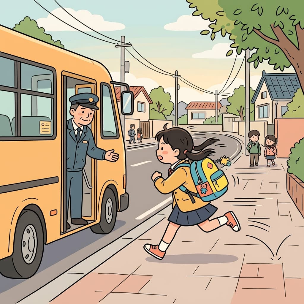아이는 스쿨버스를 타기 위해 길을 가로질러 전력으로 달렸다.