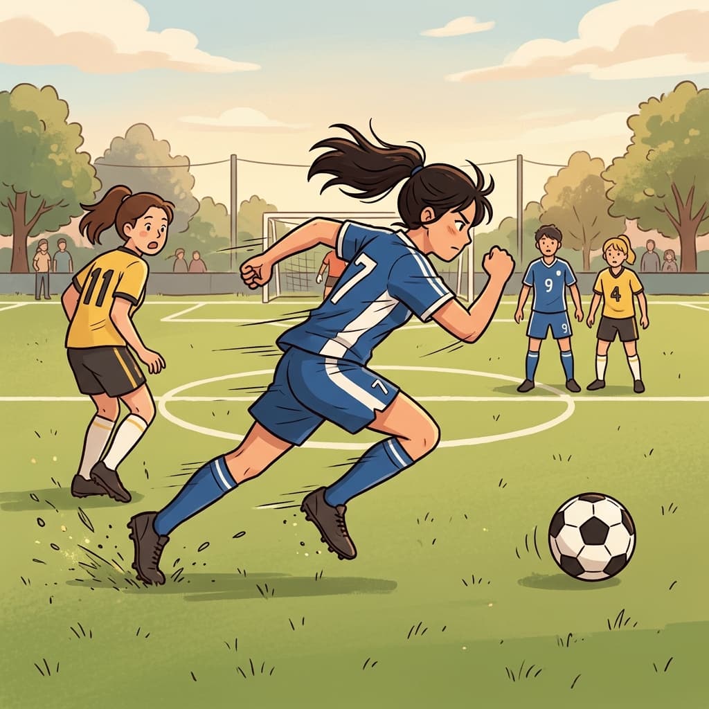 축구 선수는 누구보다 먼저 공을 향해 전력 질주했다. ("다! 슛!" → 공을 향해 냅다 달려간다)