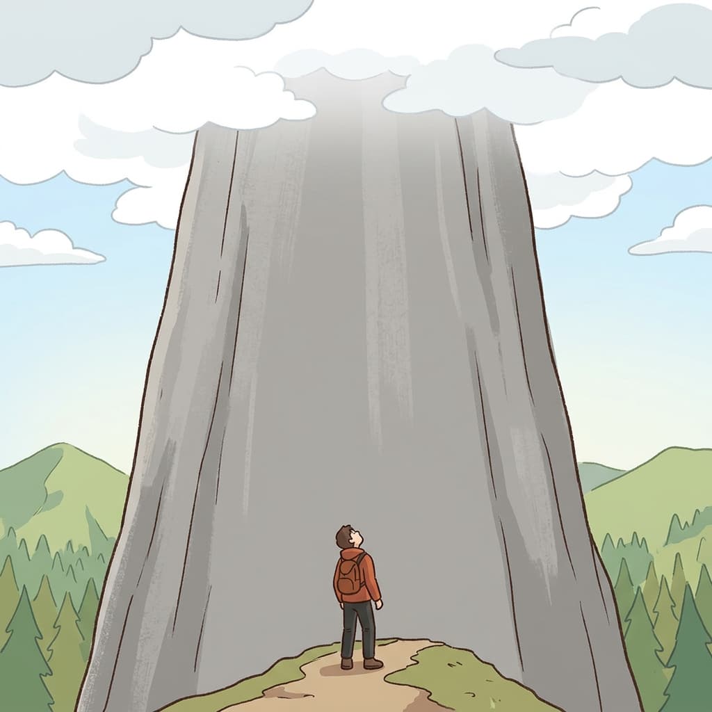 등산객은 끝없는 수직 암벽을 올려다보며, 너무나 벅찬(daunting) 등반에 직면했다.