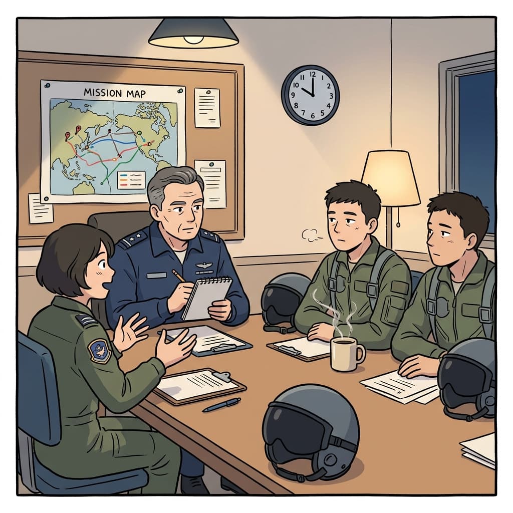 임무가 끝난 뒤 조종사들이 사령관 앞에 모여 보고했다.