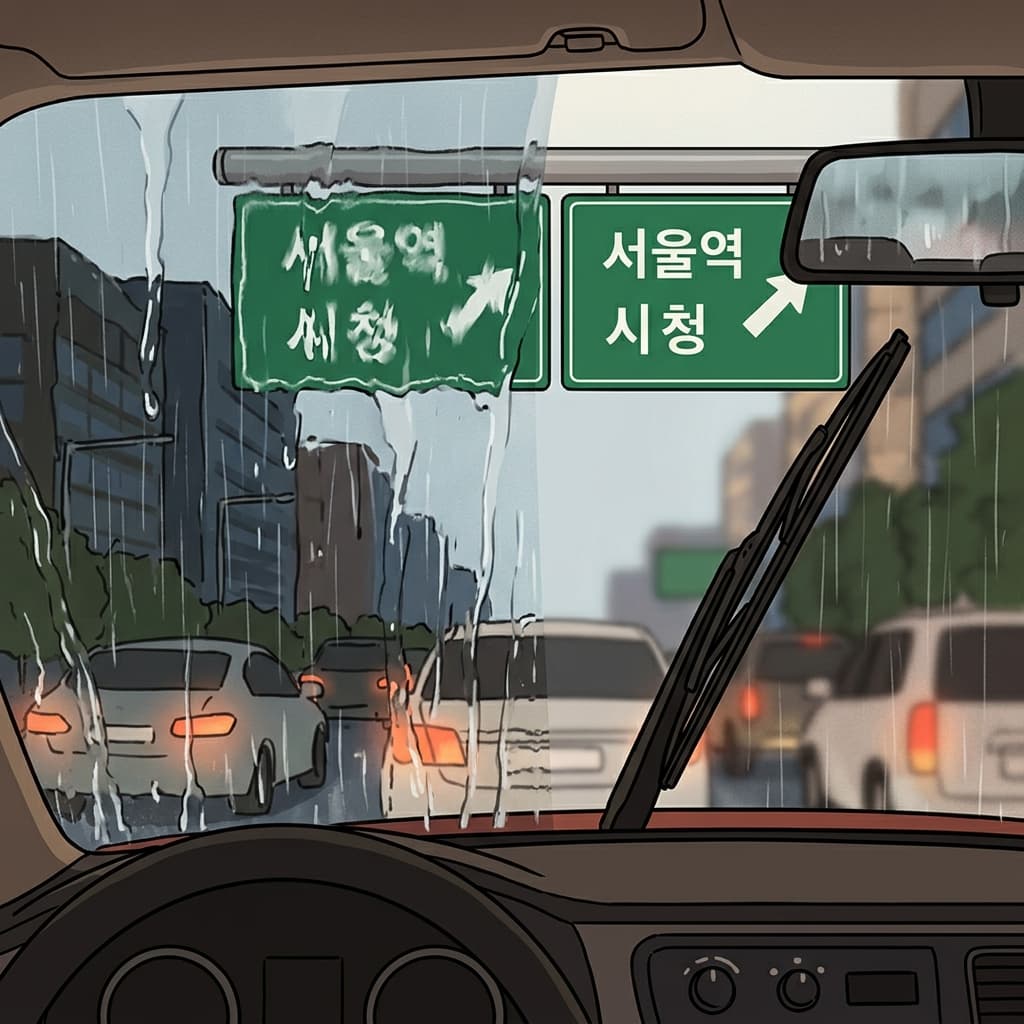 그는 빗속에서 흐릿해진 도로 표지판을 판독하기(decipher) 위해 와이퍼(wiper)를 작동시켰다.
