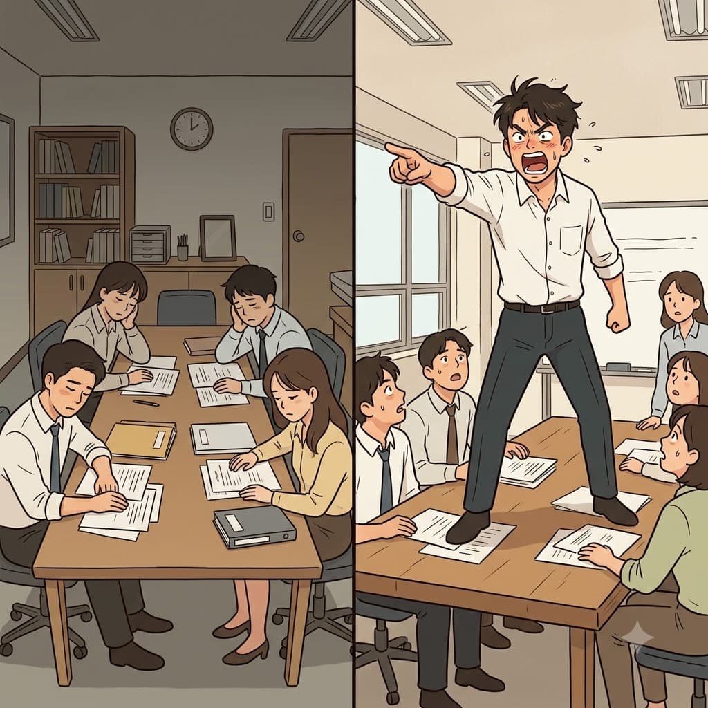 나무 테이블 위로 올라선 분노한 노동자는 조용한 회의실을 향해 자신의 권리를 열변하기(declaim) 시작했다.