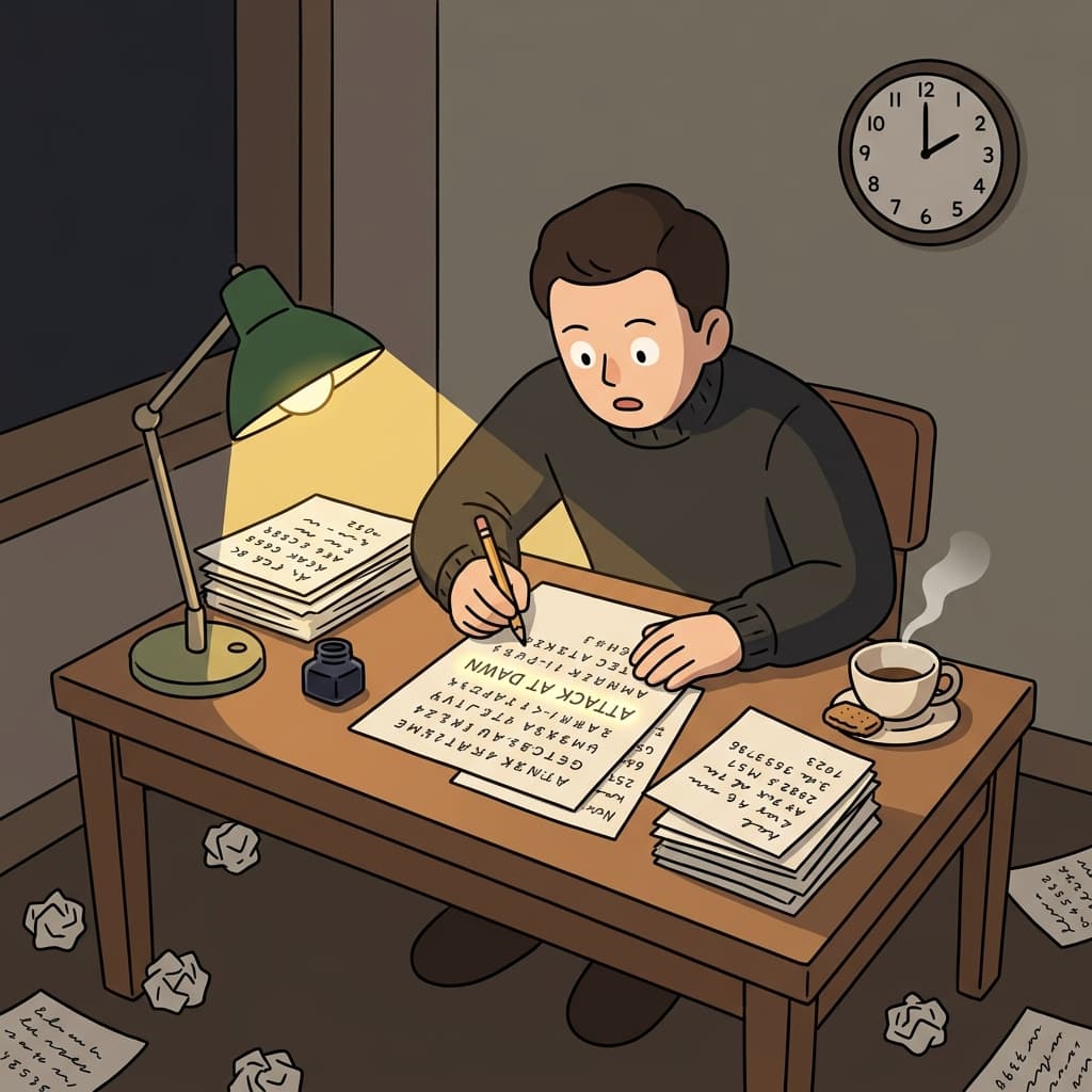 암호 해독가가 밤늦게까지 적의 비밀 메시지를 해독한다.