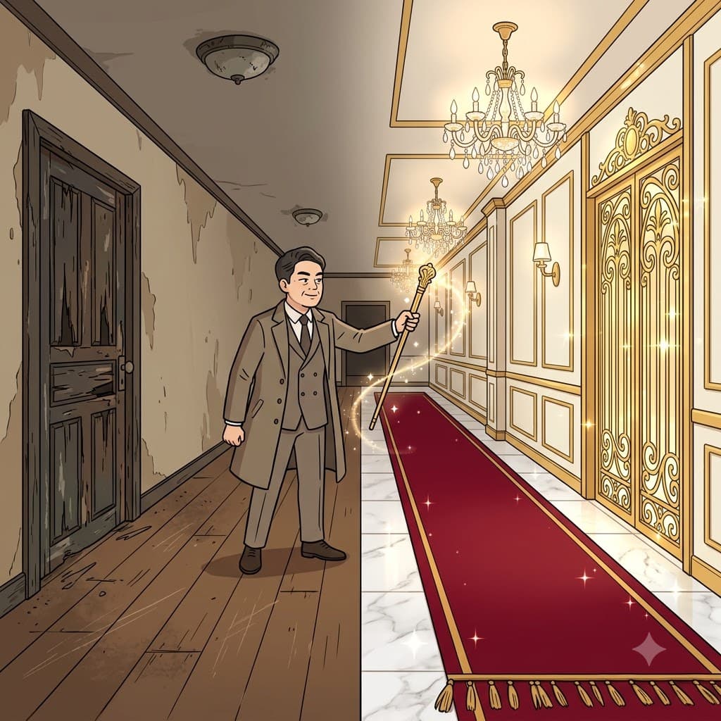 낡은 나무 문(door)부터 먼지 쌓인 바닥(floor)까지, 부자는 모든 실내 장식(decor)을 완벽하게 업그레이드했다.