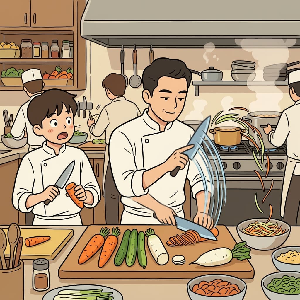 요리사의 손놀림이 어찌나 재빠른지 눈 깜짝할 새에 야채가 리본처럼 썰린다.