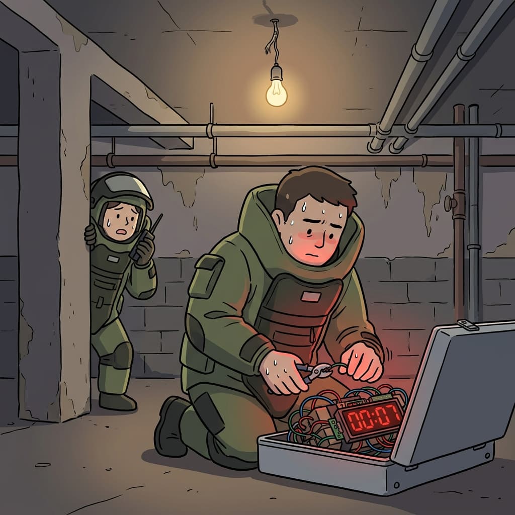 폭탄 전문가가 시한장치를 조심스럽게 해체하고 있다.
