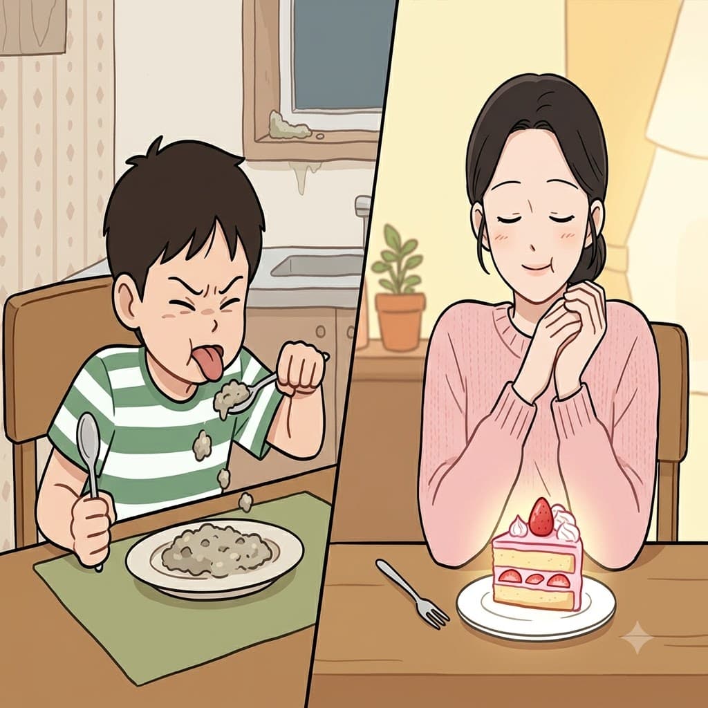 아이가 역겨운 회색 죽을 뱉어낸 반면, 숙녀는 진정으로 아주 맛있는(delectable) 딸기 케이크를 음미하기 위해 눈을 감았다.