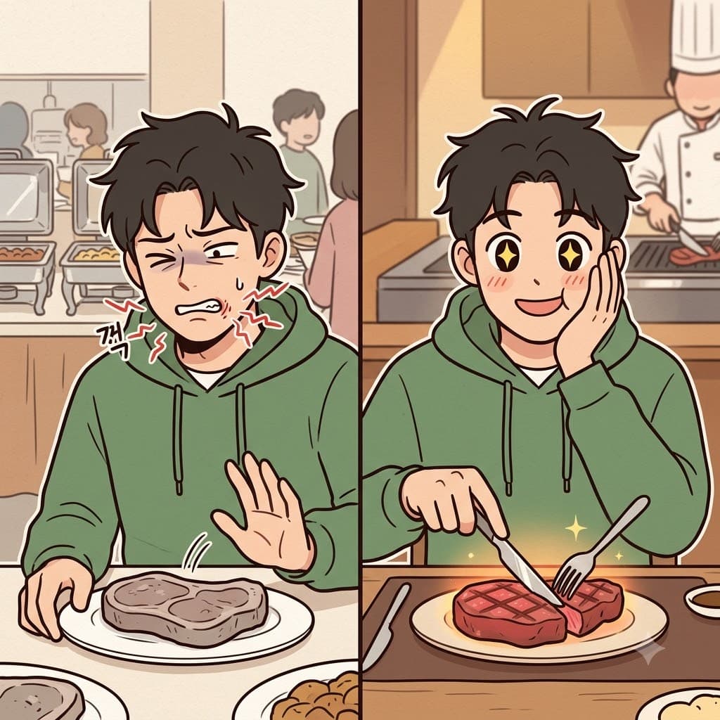 "덜(de) 렉(lec) 걸린 고기 말고 이 테이블(table) 스테이크 최고!" 그는 나쁜 음식을 무시하고 진정으로 아주 맛있는(delectable) 식사를 즐겼다.