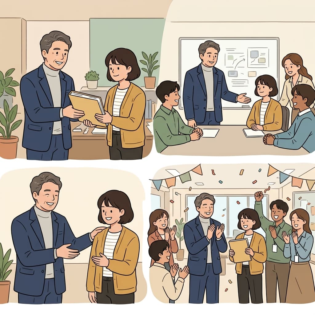 CEO는 업무를 위임하고 새 리더를 지정했으며, 팀의 성공을 함께 축하했다.