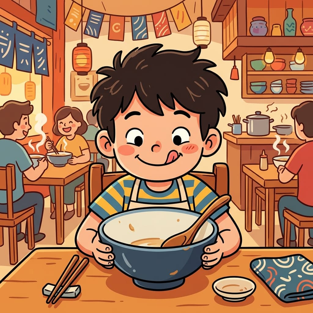소년은 국수가 정말 맛있다며 마지막 한 입까지 먹고 입맛을 다셨다. (딜리셔스 → "들이셔~스!" → 너무 맛있어서 계속 들이켜고 들이먹는 느낌)