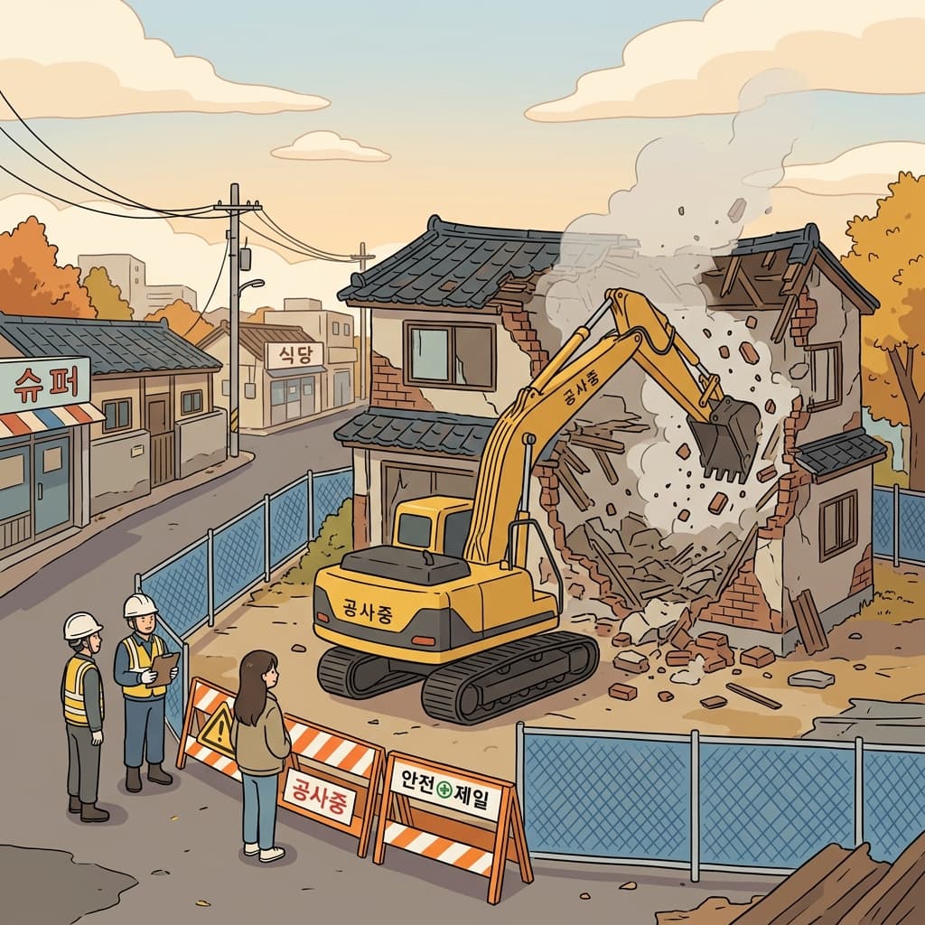 굴착기는 버려진 집을 단 한 번의 작업으로 철거했다. ("데모 올려!" → 철거 시범(데모)을 보이듯 건물을 와르르 무너뜨린다)