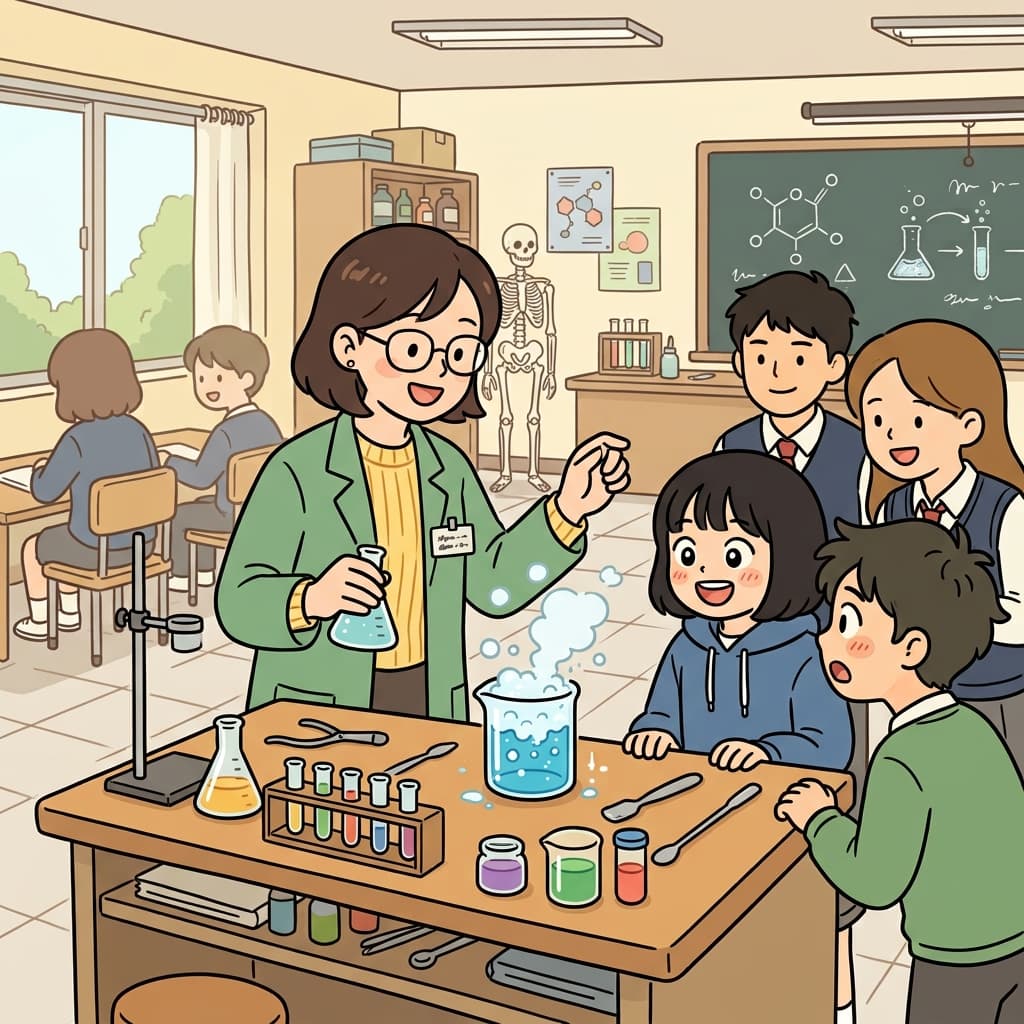과학 선생님은 교실 앞에서 실험을 직접 시연했다.