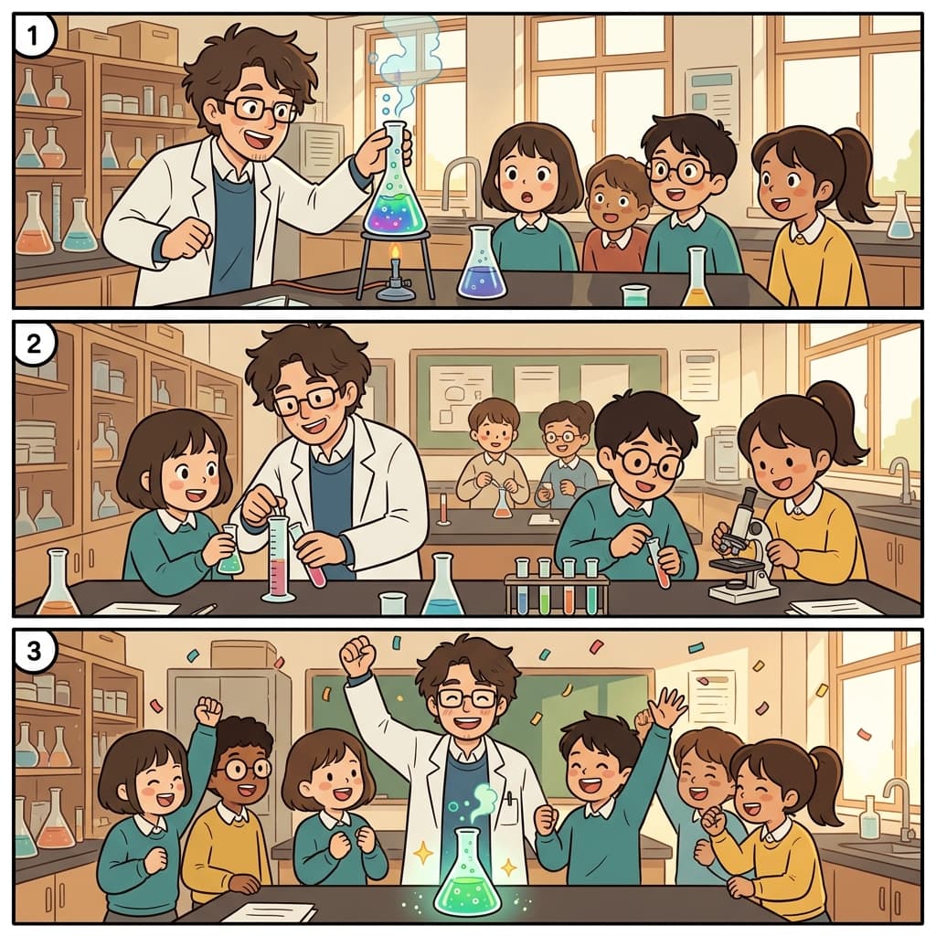 선생님은 실험을 시연하고 학생들을 가르쳤으며, 모두 함께 성공을 축하했다.