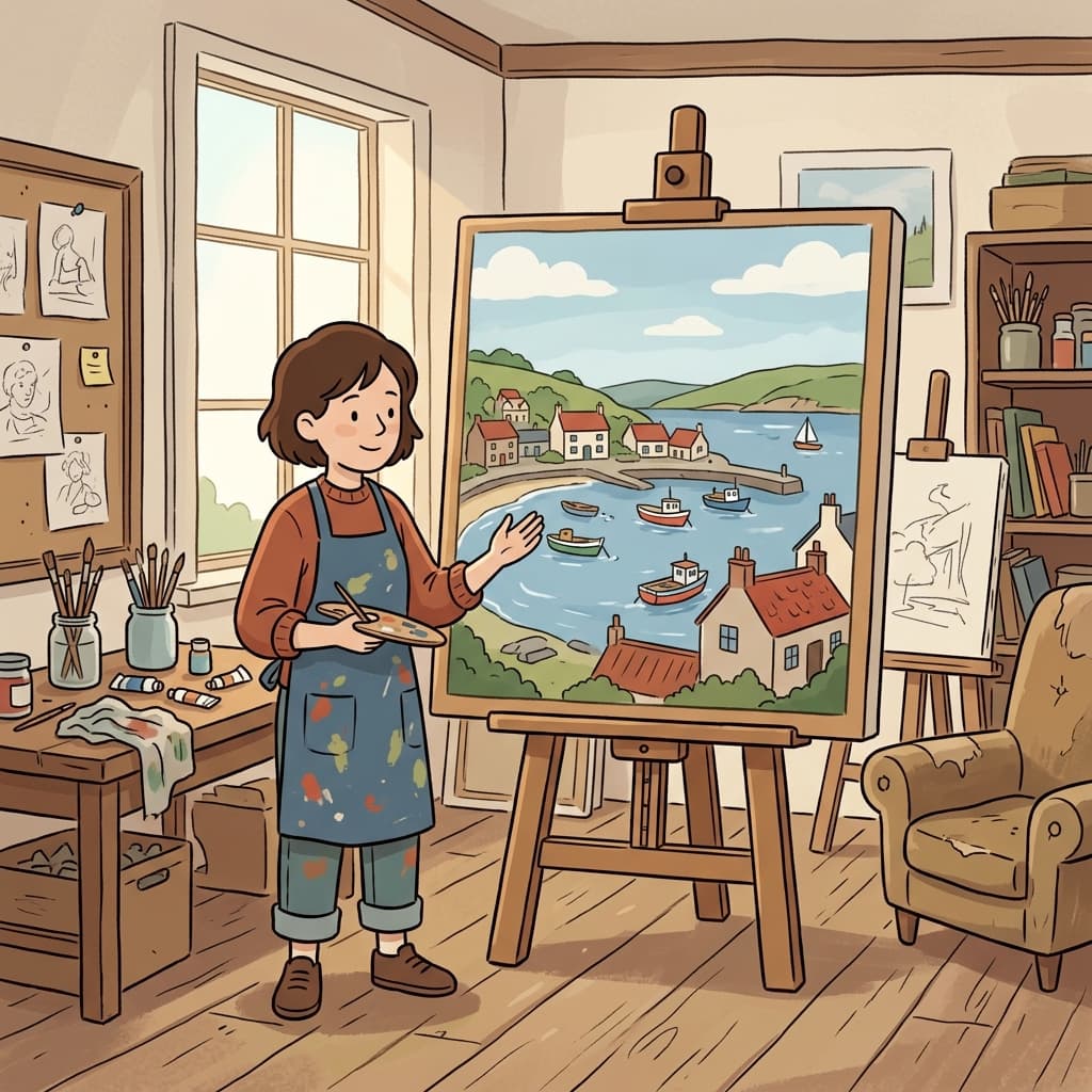 그 그림 속 바닷가 마을의 묘사는 평화롭고 따뜻한 느낌을 주었다.