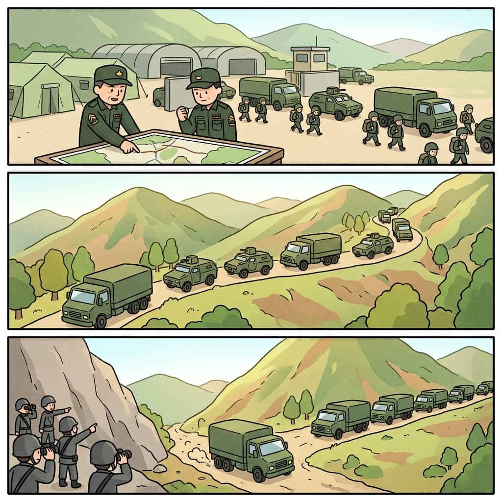 군은 차량 행렬을 배치하고, 미끼 부대는 적의 주의를 끌었다.