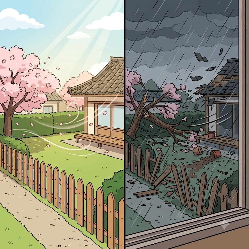 산들바람은 여름 나뭇잎을 살랑거리게만 했던 반면, 파괴적인(destructive) 돌풍은 나무에서 가지를 찢어내고 정원 울타리를 산산조각 냈다.