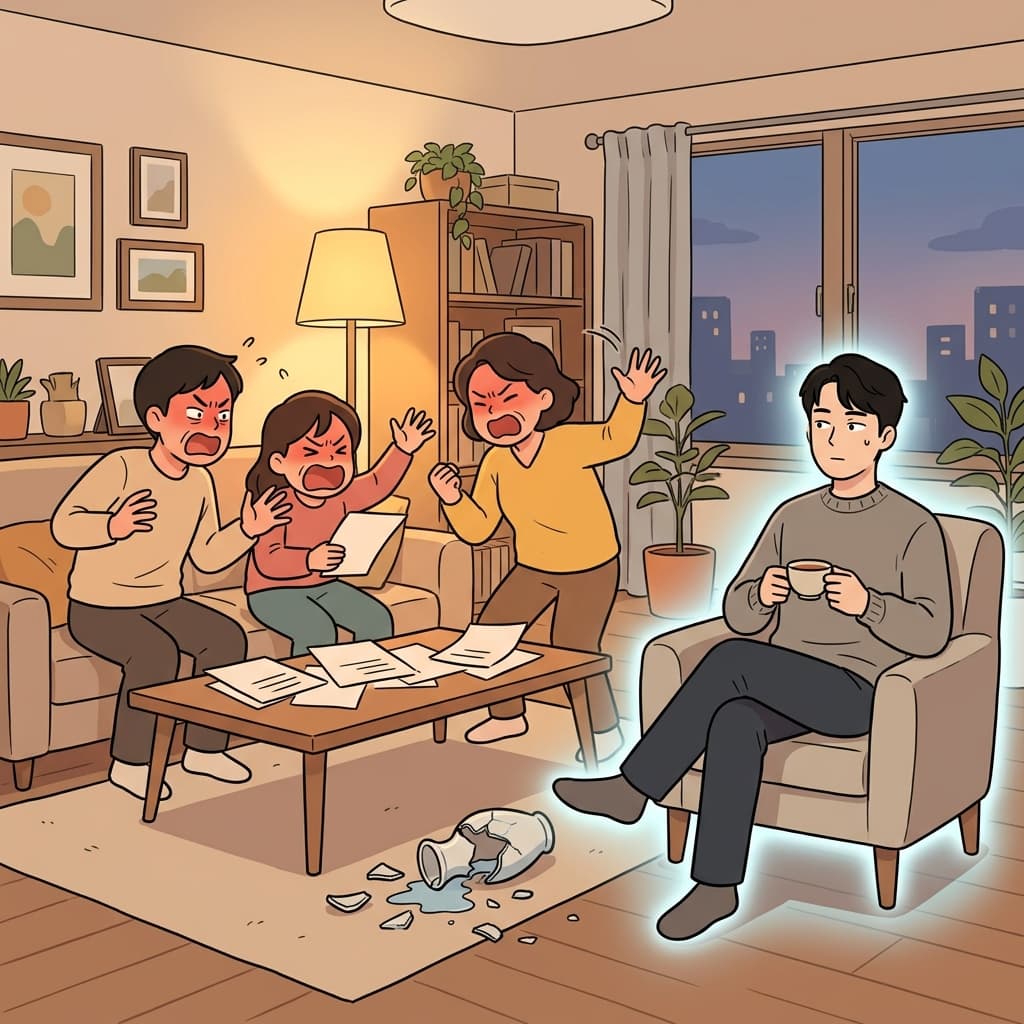 다들 언성 높이는데 그 사람만 한 발 물러서 있었다.