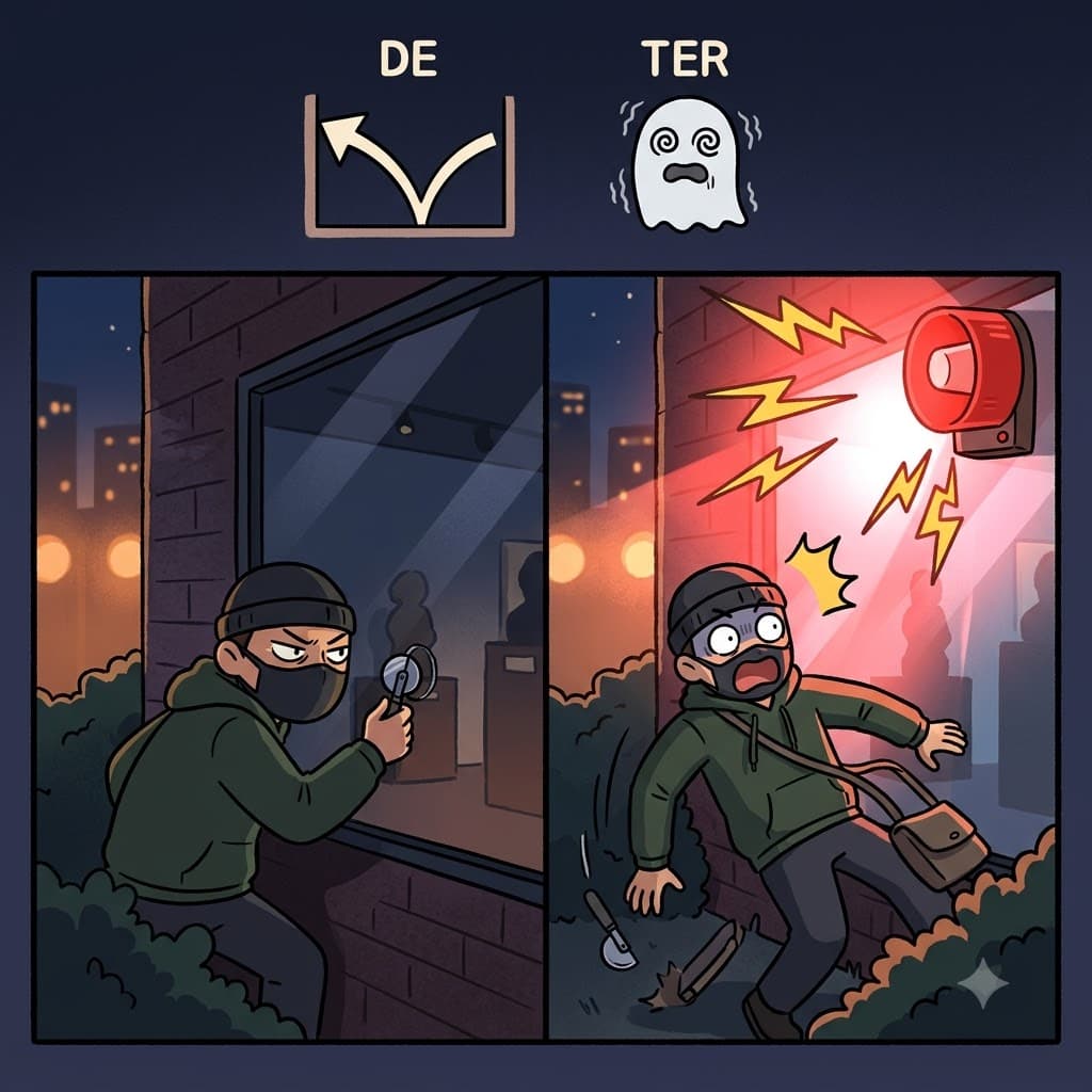 DE (멀리/떨어지게) + TER (겁주다/공포) — 요란한 경보기로 도둑들에게 공포(TER)를 주어 멀리(DE) 쫓아냄으로써, 보안 시스템은 침입을 성공적으로 저지했다(deter).