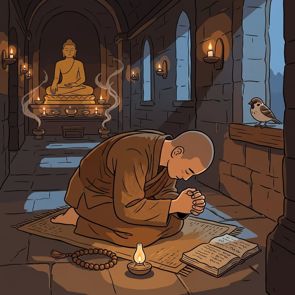 독실한 수도승이 새벽마다 무릎 꿇고 기도한다.