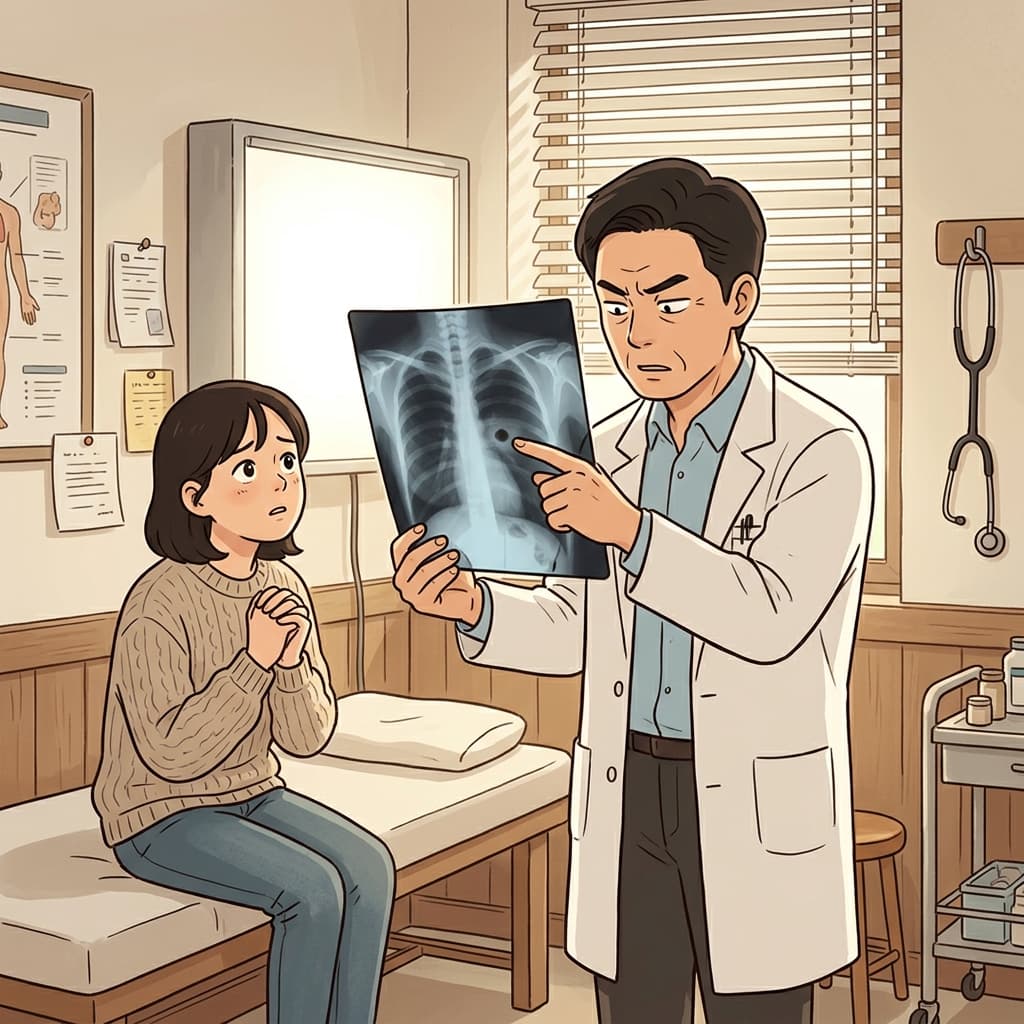 의사가 엑스레이를 들여다보며 환자의 병명을 진단한다.
