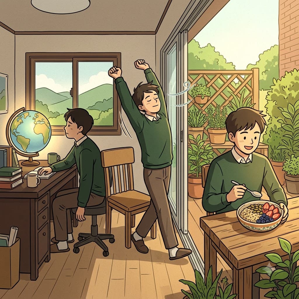 지구의 행성적(planetary) 미래를 생각하고 오래 앉아 있던 좌식(sedentary) 생활에서 벗어나며, 그는 더 건강한 식이요법(dietetic) 생활을 시작했다.