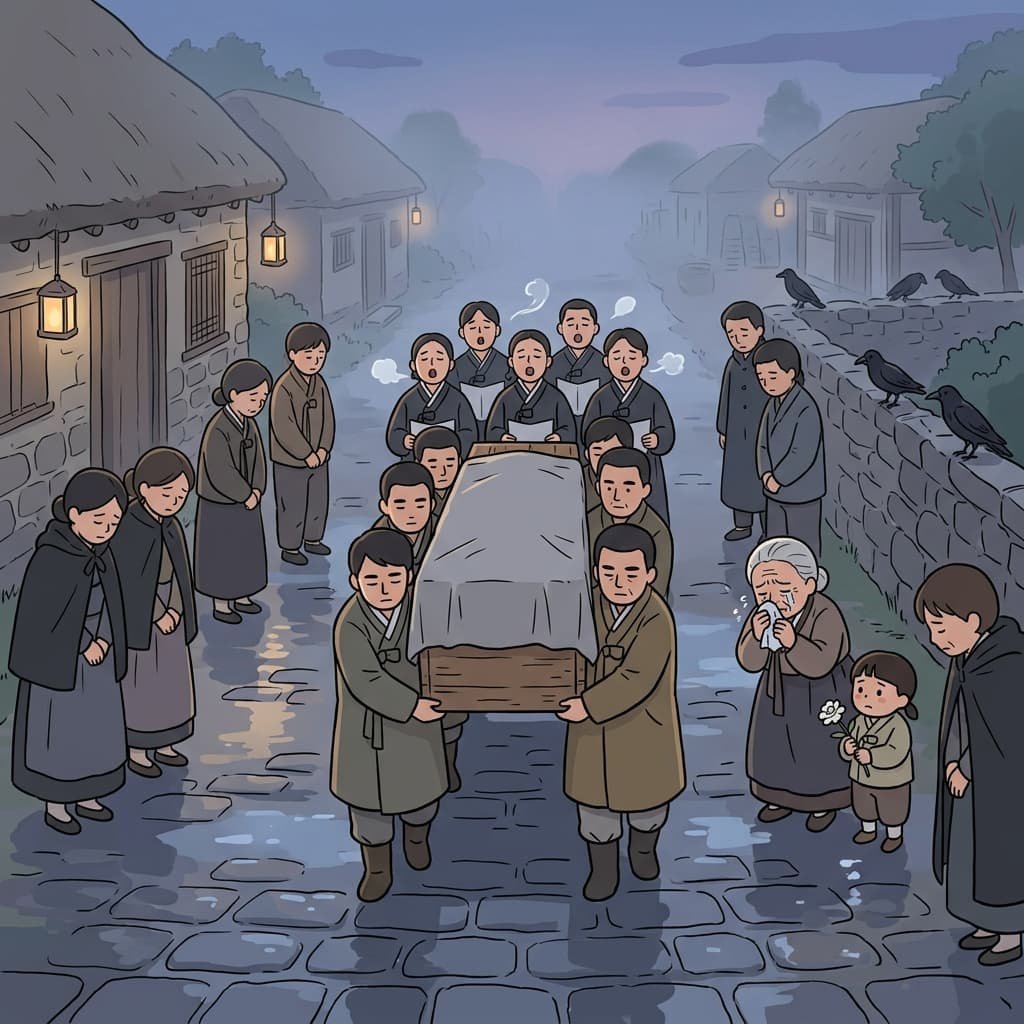 관이 마을을 지날 때 성가대가 슬픈 장송곡을 불렀다.