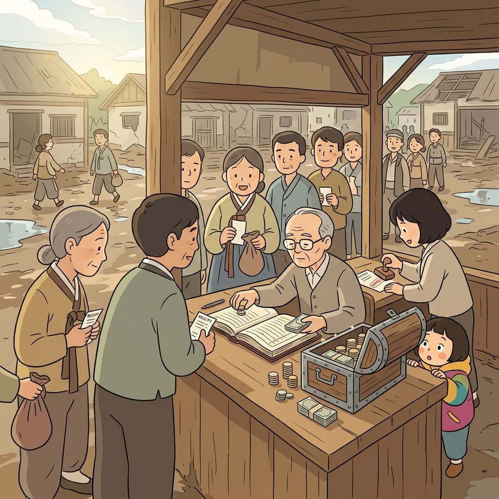 재무관이 홍수 피해 마을마다 구호금을 나눠준다.