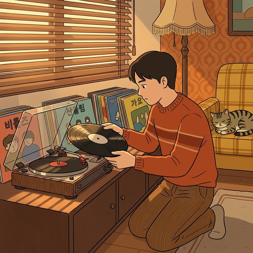 그가 오래된 턴테이블에 LP 디스크를 살며시 올린다.