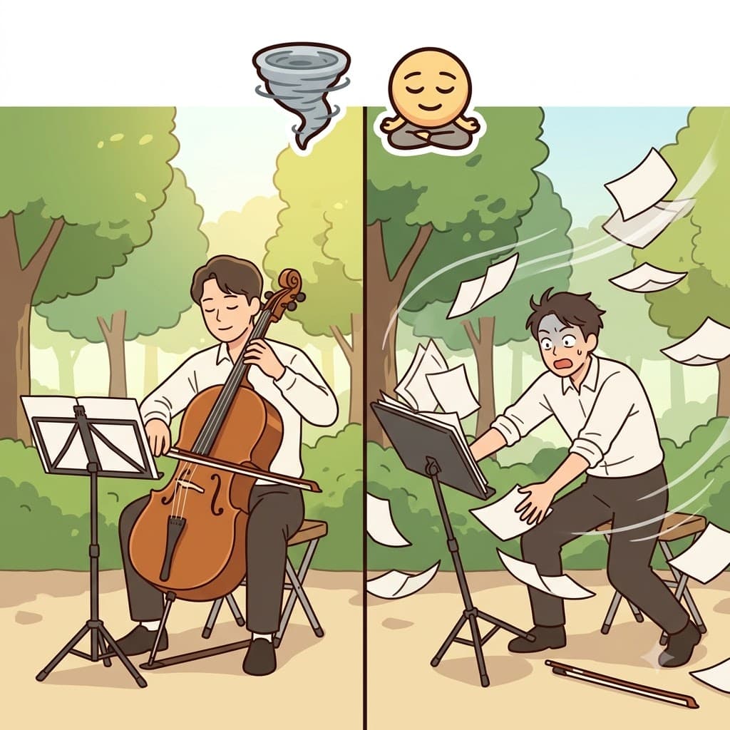 DIS(없애다) + COMPOSE(평온함) — 그의 평온한 상태(COMPOSE)를 날려 없앰(DIS)으로써, 바람은 음악가를 완전히 평정을 잃게 했다(discompose).
