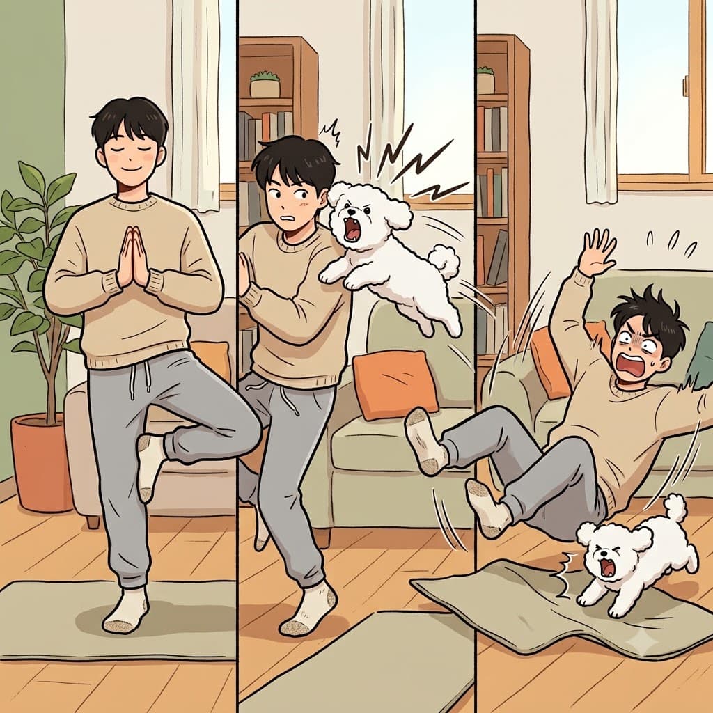 그가 완벽하게 평화로운 요가 자세(pose)를 유지하려 노력하는 동안, 공격적으로 짖는 개는 순식간에 그를 당황하고 평정을 잃게(discompose) 만들었다.