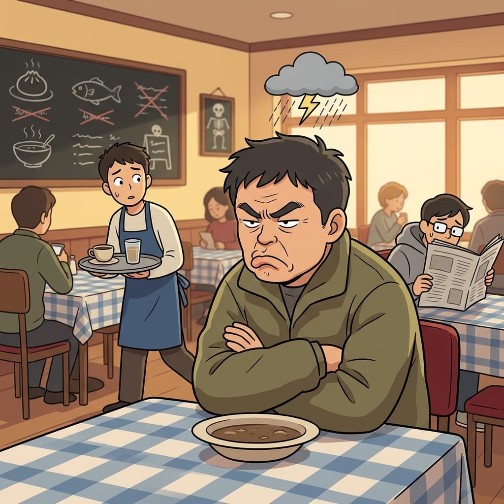 찬 수프를 앞에 두고 팔짱 낀 손님이 잔뜩 뿔이 났다.