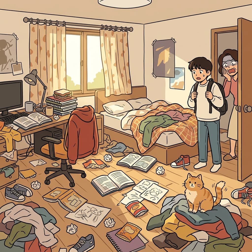 시험 끝난 동생 방은 그야말로 난장판이다.