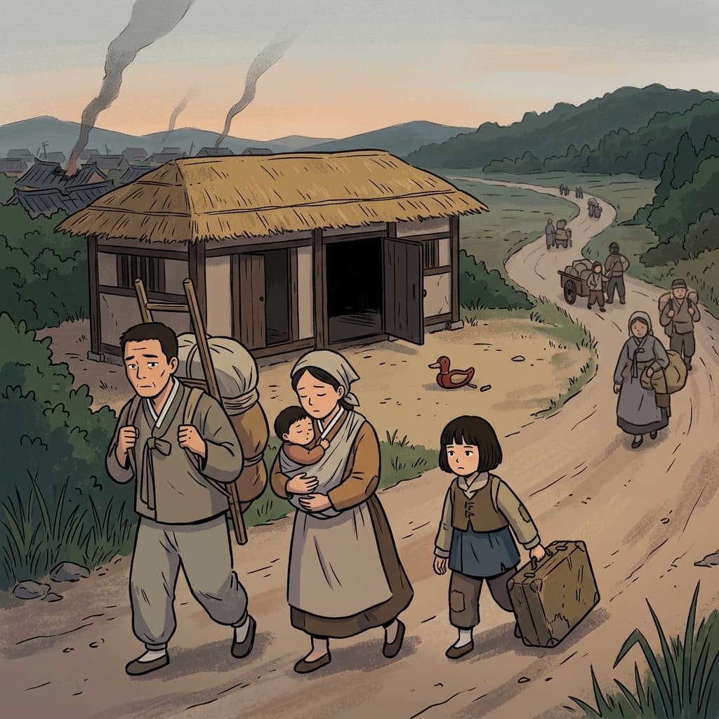 전쟁 때문에 가족은 집을 떠나 피란길에 올랐다.