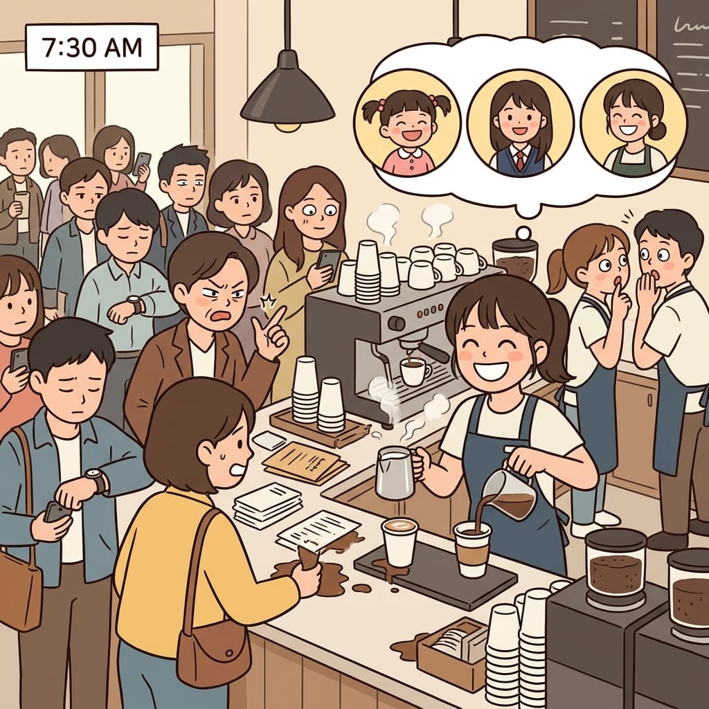 그녀는 원래 성격이 밝아서 바쁜 아침에도 웃음이 끊이지 않는다.