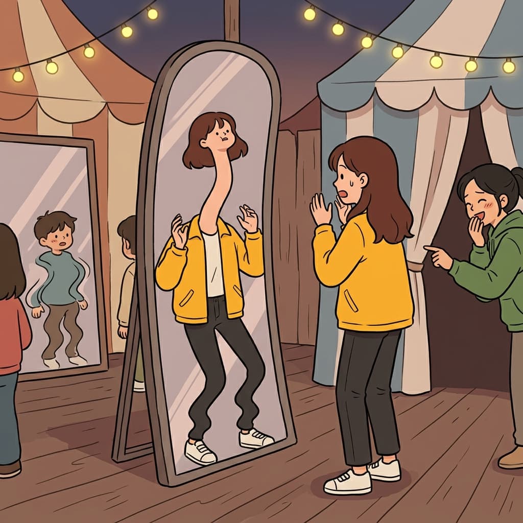 거울의 방에서 그녀의 모습이 완전히 뒤틀려 보였다.