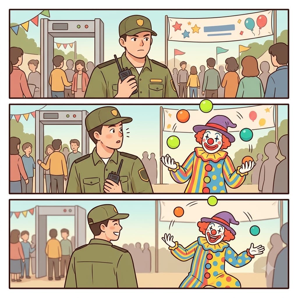 광대의 갑작스러운 저글링이 경비원의 주의를 딴 데로 돌리며(distracting) 입구에 집중하지 못하게 했다.