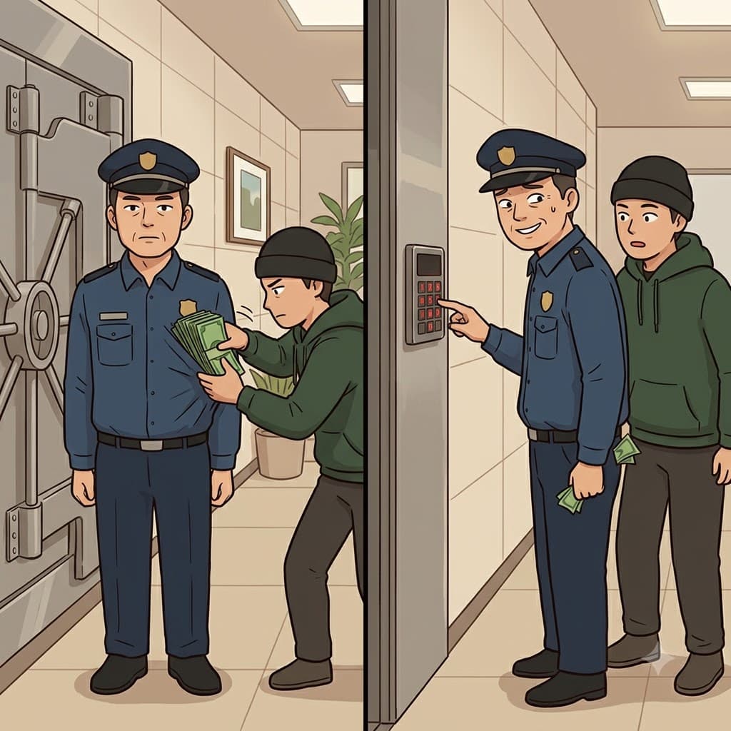 앞주머니가 두꺼운 뇌물로 확연히 불룩해지는(bulge) 것을 본 탐욕스러운 경비원은, 금고의 비밀번호를 누설하기로(divulge) 했다.