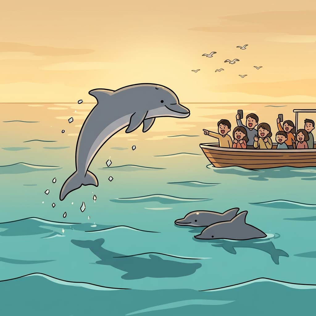 돌고래 한 마리가 노을 진 바다 위로 힘차게 뛰어올랐다.