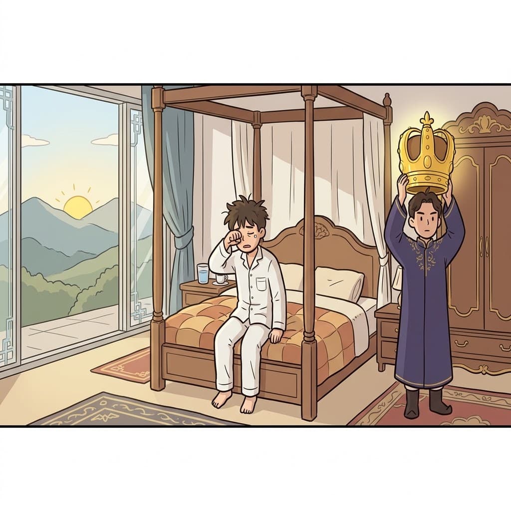 이른 아침의 새벽(dawn)을 깨기 위해 밝은 태양이 떠오르자, 졸린 왕은 무거운 황금 왕관을 쓰기(don) 위해 일어섰다.