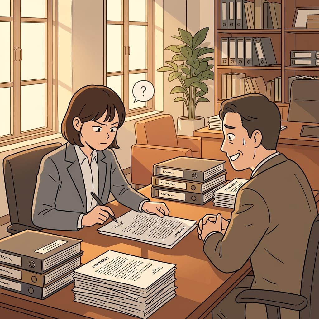 계약서에 사인하려다 잠깐 멈췄다, 뭔가 미심쩍어서.