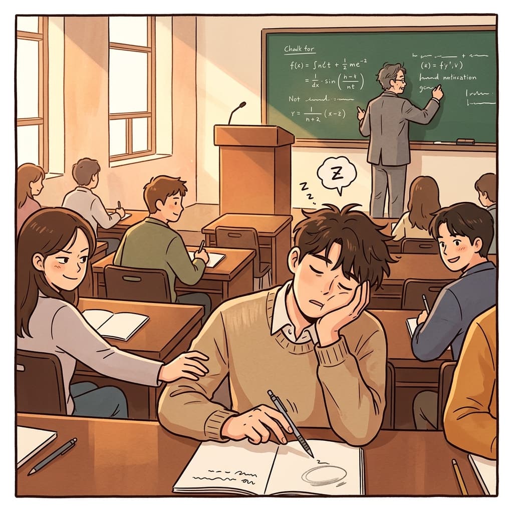지루한 오후 강의 시간에 그는 결국 꾸벅꾸벅 졸기 시작했다.